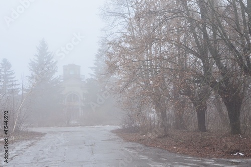 The spring fog covered the ground, trees, buildings with its wing. © HRYHORII