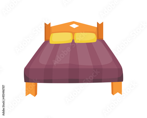 Bed cartoon. Vector illustration of color bed with pillow and cover. Icon of furniture