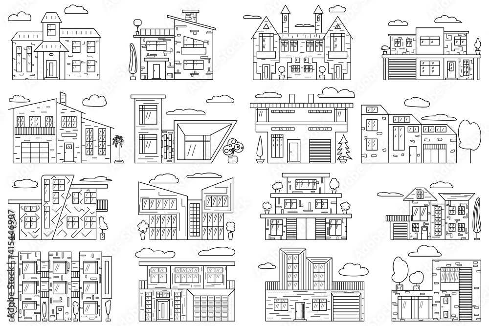 The facade of a residential building. Modern trendy cottage, townhouse. Exterior of a country house. Set of vector icons isolated on white, outline style.