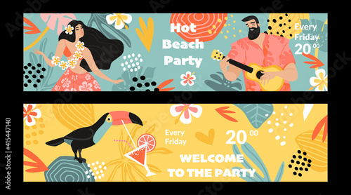 Set of vector banners for a summer beach party with a man with a ukulele, a dancing girl and a toucan.