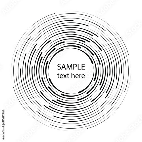 Black concentric speed lines in vortex form. Vector illustration. Design element for technology round logo, striped border frame, blackout tattoo, prints, monochrome pattern and abstract background