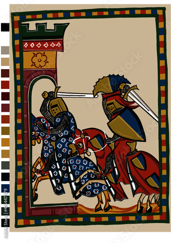 Two knights charging with swords - Medieval Codex vector illustration