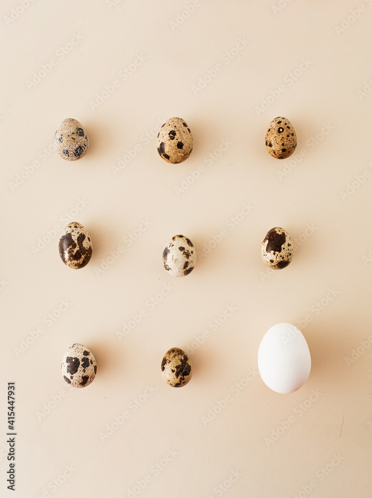 eggs arranged in a square. quail eggs with a dotted shell with one white egg on a pastel background. Minimal Easter concept. eggs arranged in a square. quail eggs with a dotted shell with one white egg on a pastel background. Minimal Easter concept.