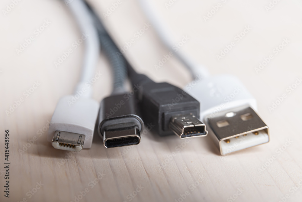 Mini USB, micro USB, and USB type-C connectors, with connecting cables ...