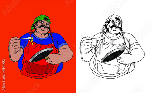 black and white fat chef character vector illustration