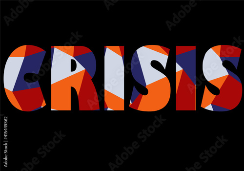 Crisis en texto con relleno de mosaicos irregulares en blanco, naranja, rojo y azul sobre fondo negro