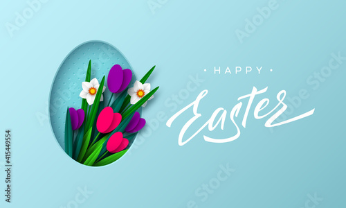 Happy Easter background with paper cut egg and spring flowers tulip and narcissus, hand written lettering. Turquoise floral background. Vector.