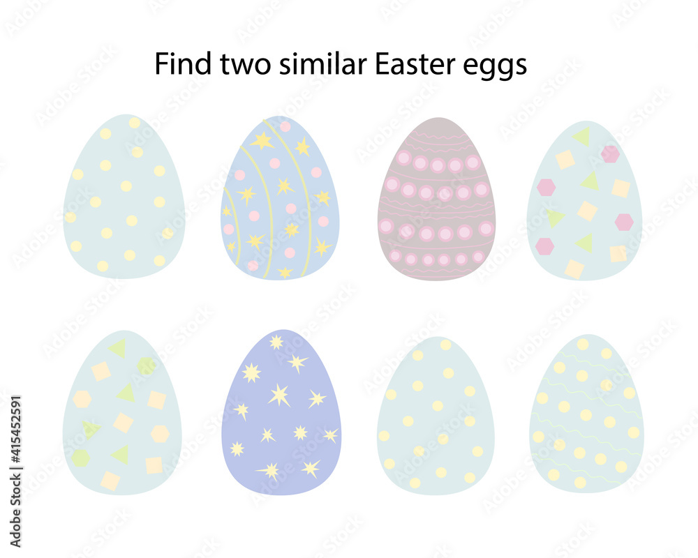 Find two similar Easter eggs educational activity for children, Easter chicken educational game, simple cartoon farm animal vector illustration worksheet Find two similar Easter eggs educational activity for children, Easter chicken educational game, simple cartoon farm animal vector illustration worksheet