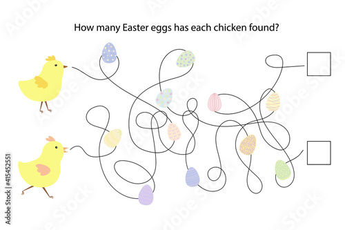 Easter eggs, chickens educational game, puzzle, simple labyrinth, nursery school spring holiday activity, how many eggs has each chicken found maze game