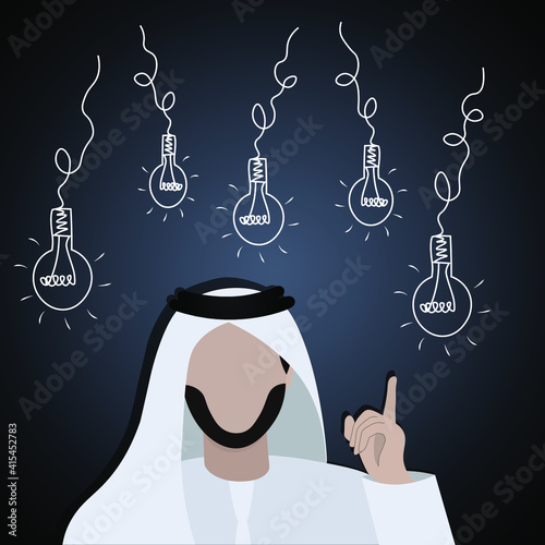 Faceless muslim man from UAE or Saudi Arabia wearing kandoora and gutra - traditional dress keeping finger up have a business idea, abstract lamp 