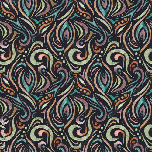 Hand-drawn waves seamless pattern on a dack background. Abstract watercolor background in a diamond pattern