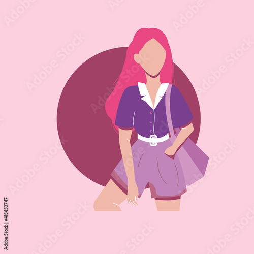 Illustration of a young girl with a bag in pink colors