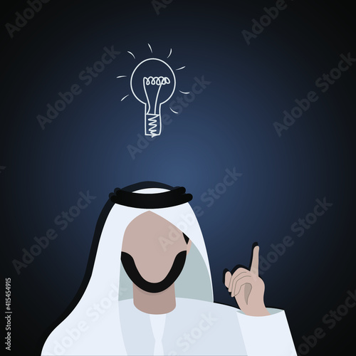 Faceless muslim man from UAE or Saudi Arabia wearing kandoora and gutra - traditional dress keeping finger up have a business idea, abstract lamp 