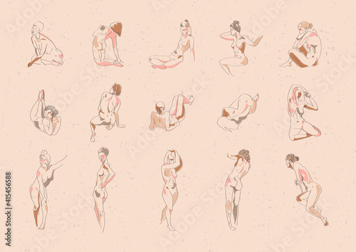 Collection of female figure outline. Vector sketch in a minemalistic linear style. Suitable for logos, tattoos, posters, lingerie and cosmetics brands.