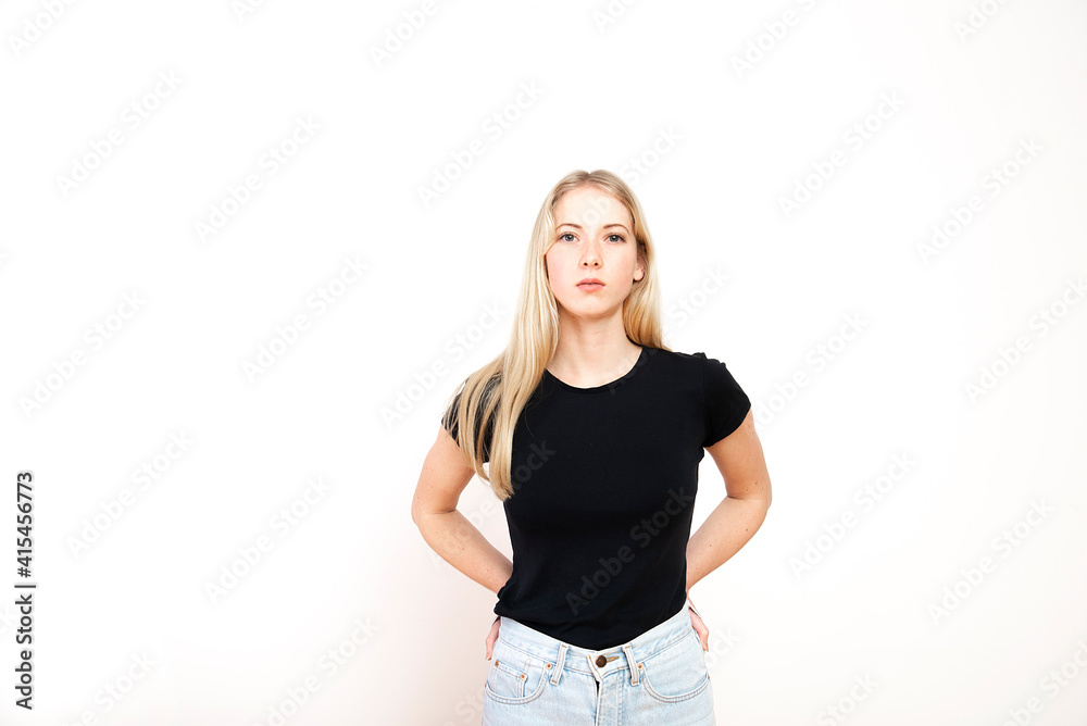 portrait of a young blonde woman isolated on a white background portrait of a young blonde woman isolated on a white background