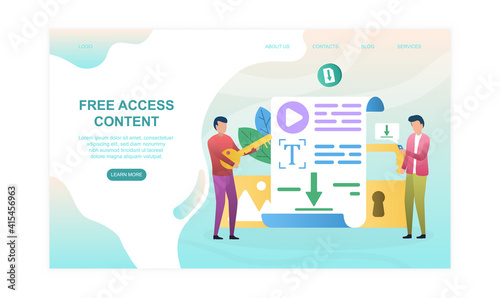 Two male characters are getting free access content. Men standing with key and smartphone near text page. Website, web page, landing page template. Flat cartoon vector illustration