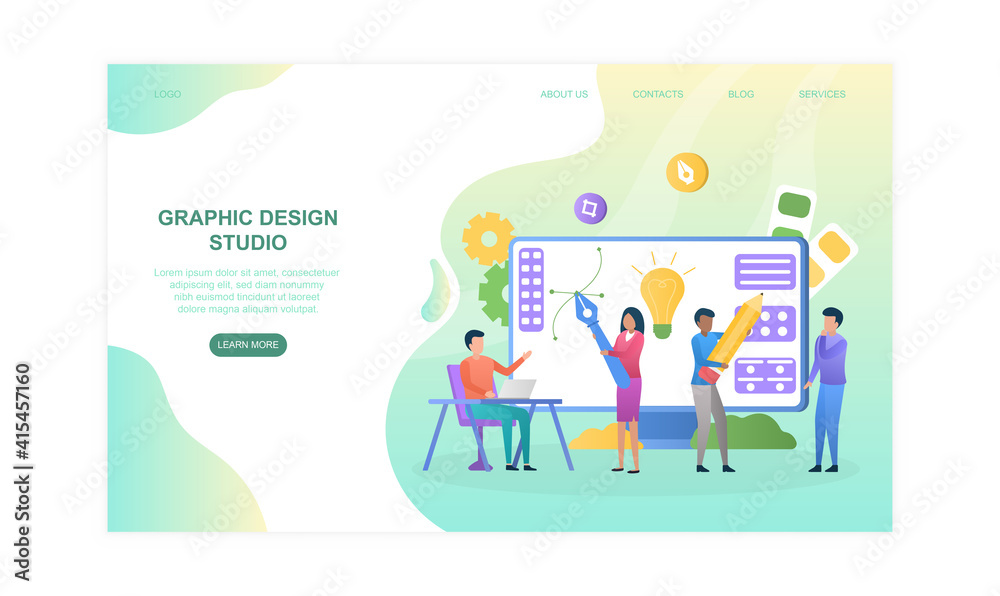 Male and female characters are working in graphic design studio. Creative designers team working together on huge screen. Website, web page, landing page template. Flat cartoon vector illustration Male and female characters are working in graphic design studio. Creative designers team working together on huge screen. Website, web page, landing page template. Flat cartoon vector illustration