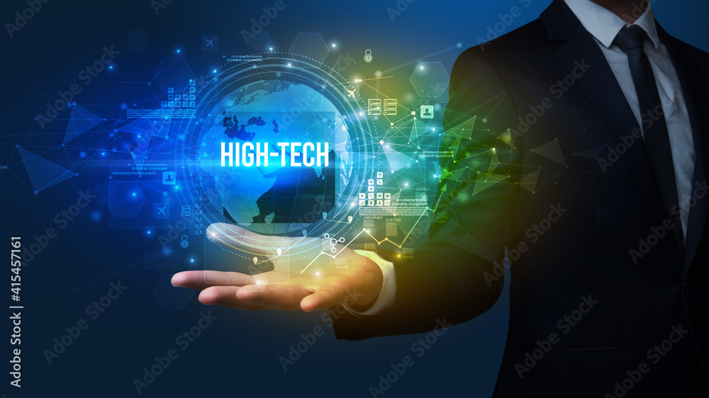 Elegant hand holding HIGH-TECH inscription, digital technology concept