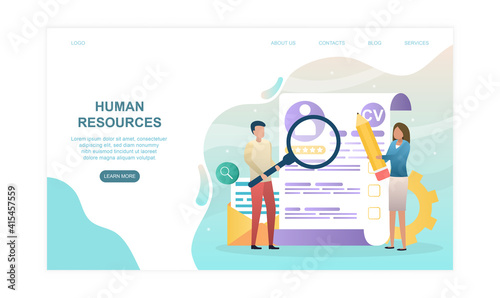Male character is reading CV document with magnifier. Concept of filling out resumes and hiring employees. Website, web page, landing page template. Flat cartoon vector illustration