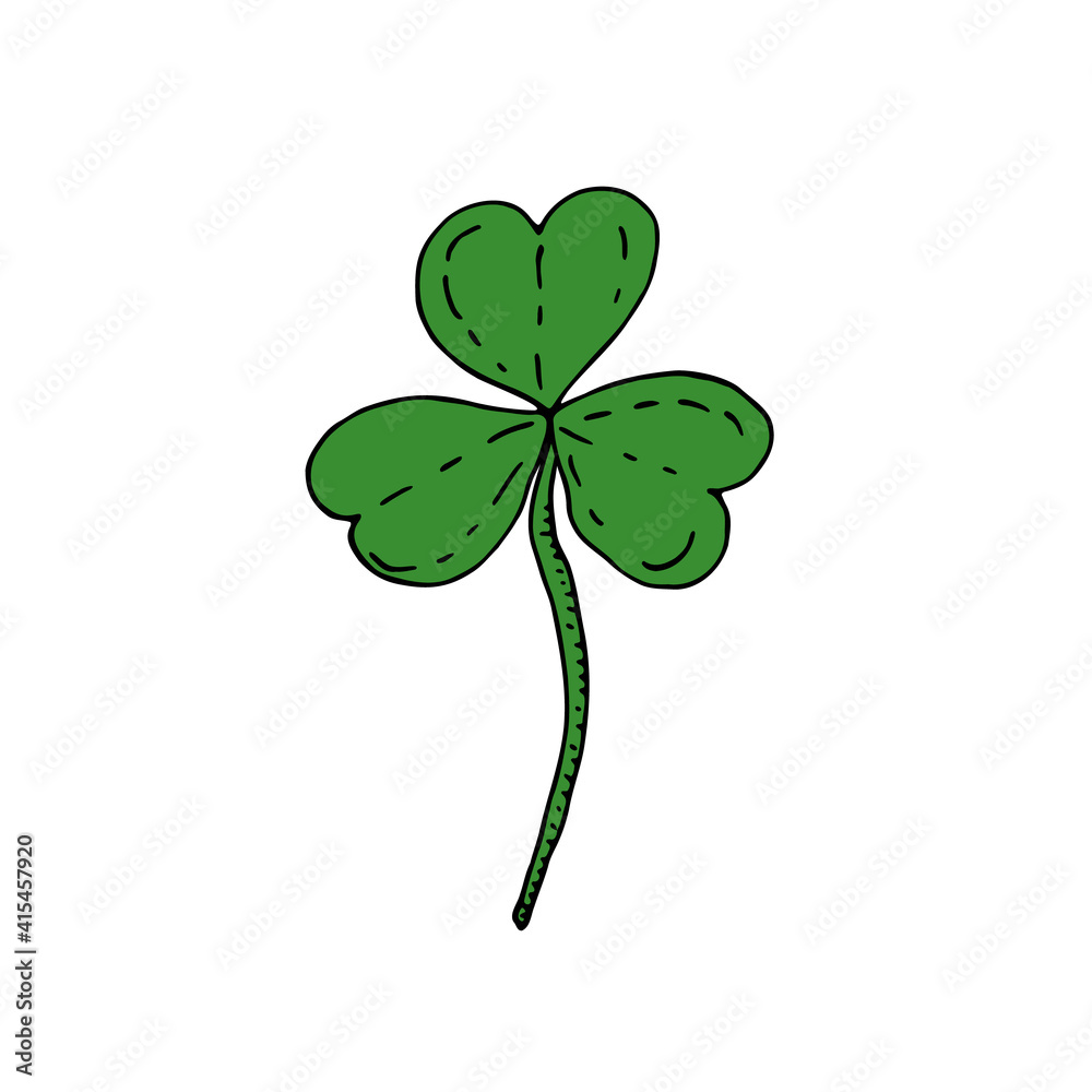 Green leaves of clover. Scribble. Four-leaf clover. Element for decoration. Vector illustration isolated on white background. Green leaves of clover. Scribble. Four-leaf clover. Element for decoration. Vector illustration isolated on white background.
