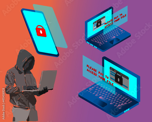 Ransomware malware wannacry risk symbol hacker cyber attack concept computer virus NotPetya Spectre Meltdown infection infographic. Vector online hacker risk.