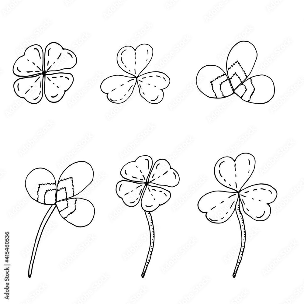 Clover leaves set. Doodle. Four-leaf clover. Vegetable element for decoration. Vector illustration isolated on white background. Clover leaves set. Doodle. Four-leaf clover. Vegetable element for decoration. Vector illustration isolated on white background.