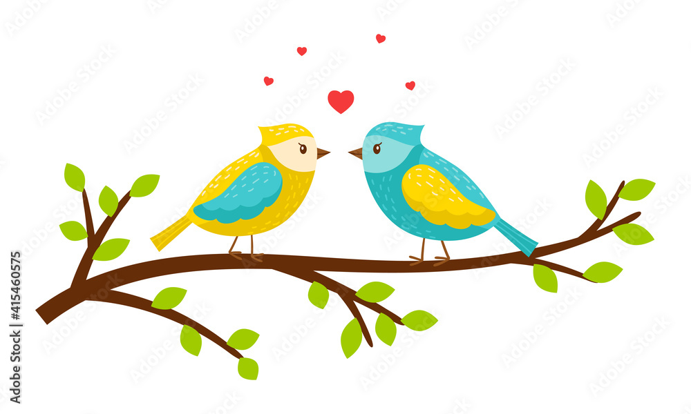 Beautiful spring birds in love are sitting on a branch with leaves. Hearts in the air. Cartoon characters are animals. Bright color vector illustration in flat style. Isolated on a white background.