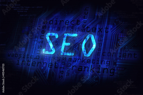 search engine optimization word cloud, seo business concept in dark blue tone