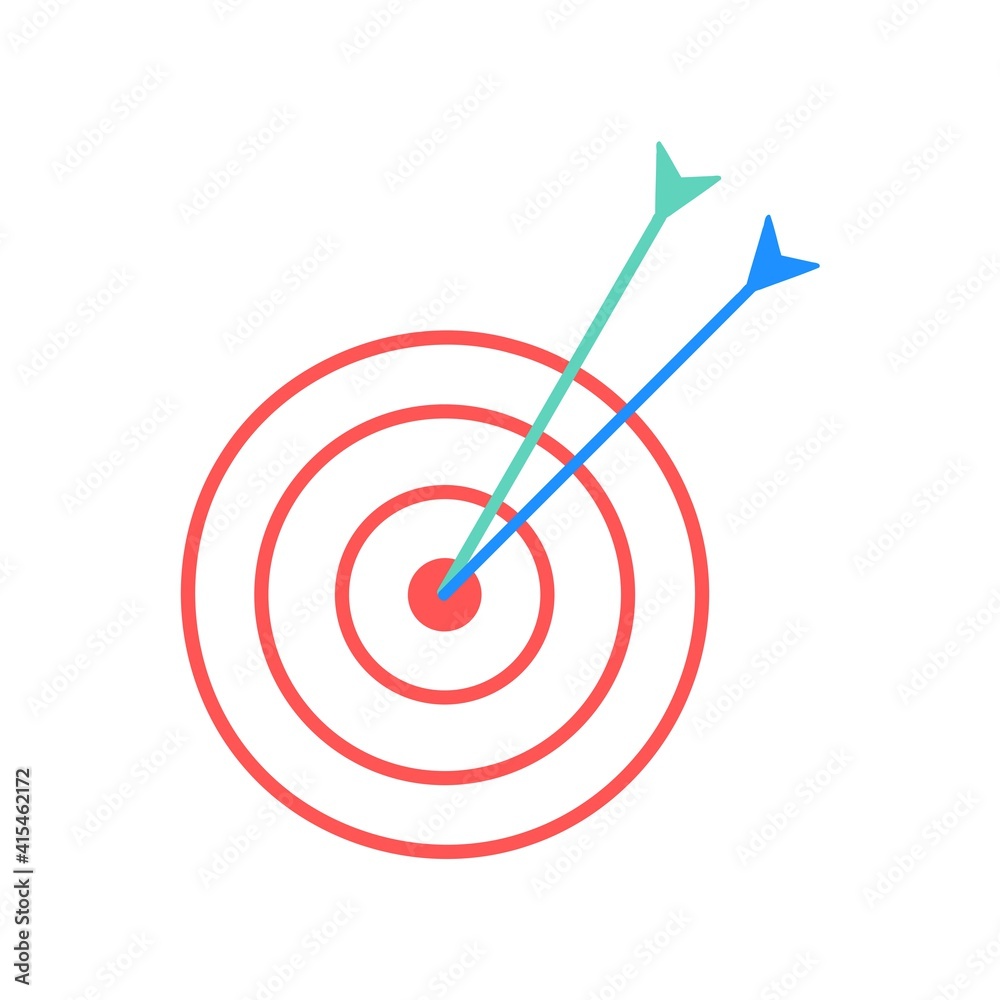 Target with arrow icon. Goal achieve sign concept. Target, challenge, objective icon. Competitive advantage symbol. Successful shot in the dart target isolated on white background. Vector illustration Target with arrow icon. Goal achieve sign concept. Target, challenge, objective icon. Competitive advantage symbol. Successful shot in the dart target isolated on white background. Vector illustration