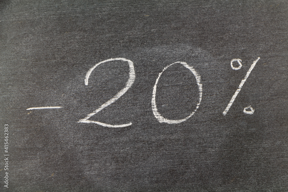 Minus twenty percent written on a chalkboard slate Minus twenty percent written on a chalkboard slate