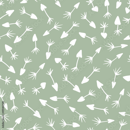 Random placed vector dandelion flower seeds seamless pattern with sage green background.