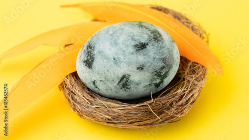 Easter blue egg and orange feathers in a nest on a yellow background. Easter holiday concept. Close up.