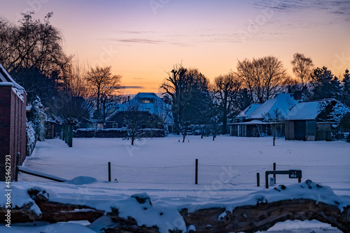 Sunrise in a small town during winter