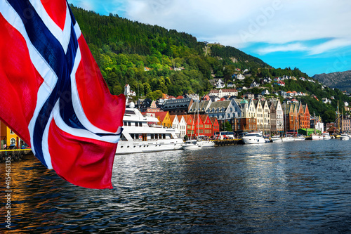 Norwegian flag with the port of Bergen photo