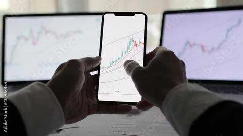 investment stockbroker stock market analysis price trend. Stock market trader analyzing bitcoin price trend. Investment broker trading bitcoin crypto currency using phone and laptop. Multiple devices