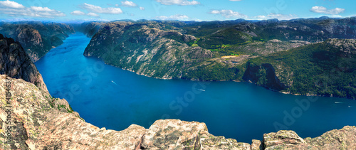 Lysefjord aerial panoramic view from the top of the Preikestolen cliff near Stavanger.