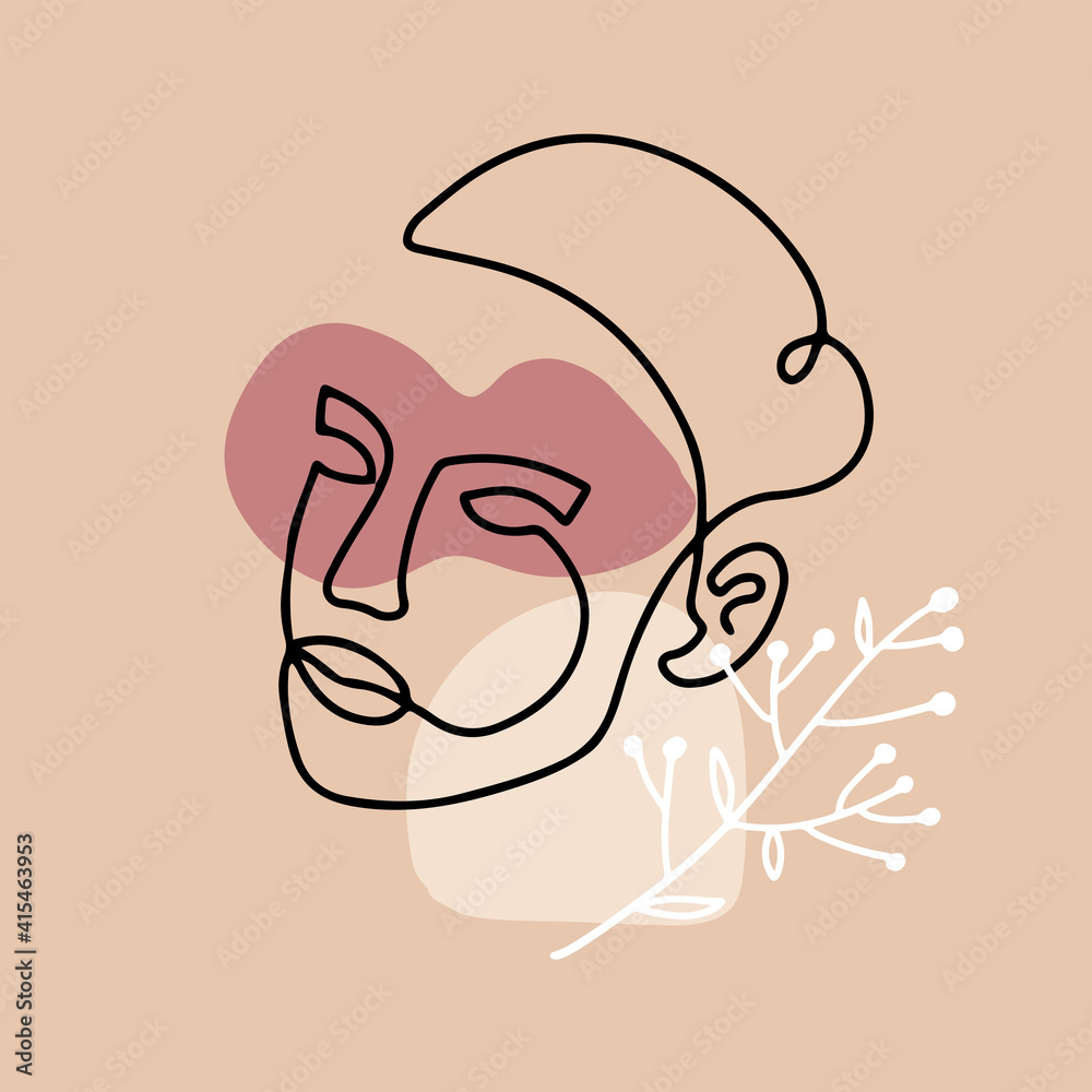 Woman's Head with floral branch Line Vector Drawing. Abstract banner decor with Female Face with abstract shapes. Modern Minimalist Simple Linear Vector Style. Beauty Fashion Design