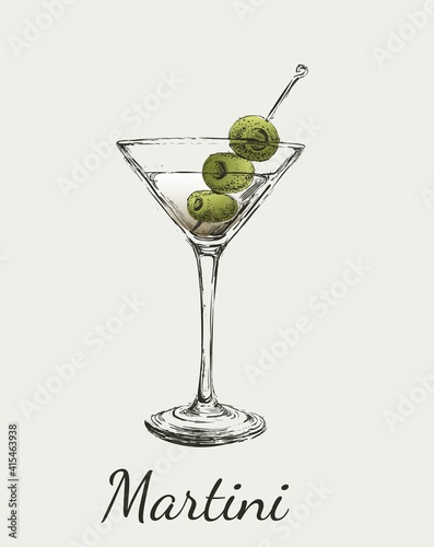 Sketch Martini Cocktails with Olives Vector Hand Drawn Illustration. vodka. Happy Hour. Gin