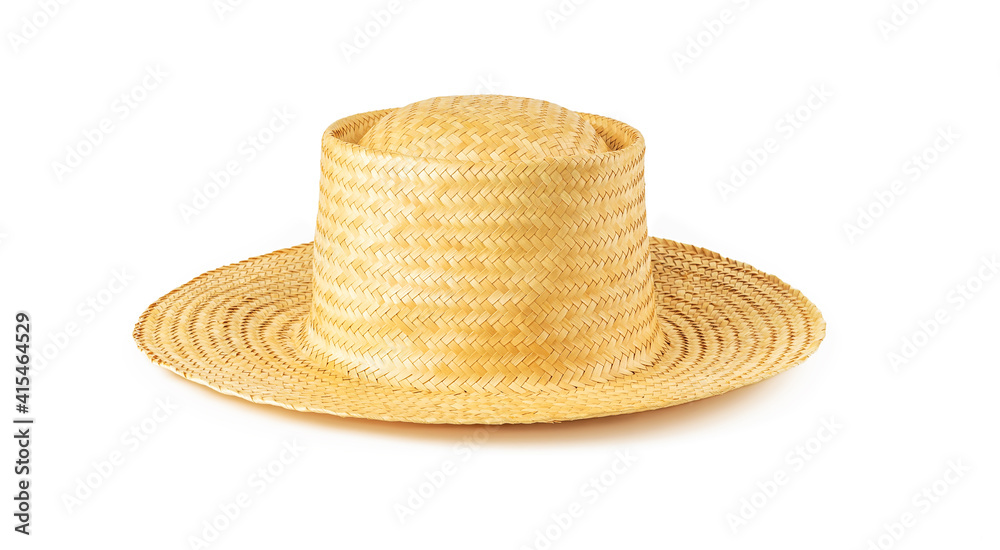Yellow wide brim straw hat isolated on white background. Summer female vintage classic headwear. Stylish modern eco-friendly accessory for beach, vacation and travel. Yellow wide brim straw hat isolated on white background. Summer female vintage classic headwear. Stylish modern eco-friendly accessory for beach, vacation and travel.