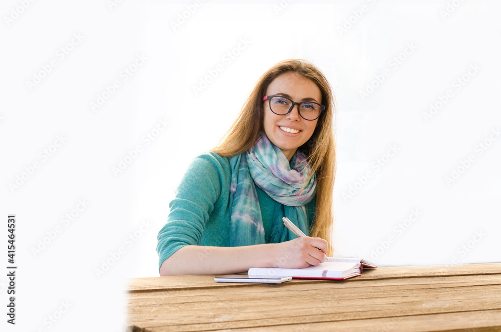 Portrait beautiful woman brunette business woman student long hair studying, workplace Portrait beautiful woman brunette business woman student long hair studying, workplace