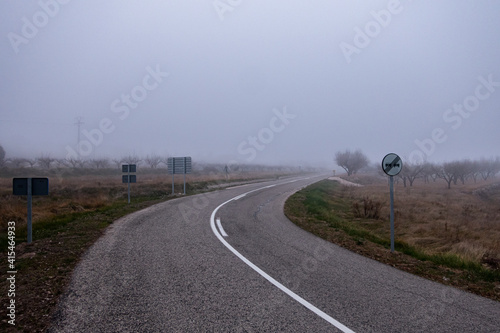 Empty road, in a day of intense fog, and trees to the sides. © MiguelAngel