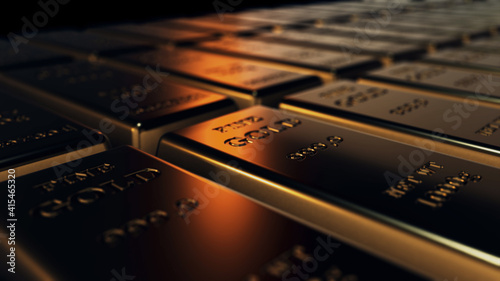 Fotografi 3d rendered illustration of Gold Bars or Gold Bullion 3d animation of a lot of Gold Ingots v3