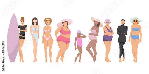 Different figures of women in swimwear, positive body movement. Female body types and sizes in bathing suits. Swimwear designer for body positivity.