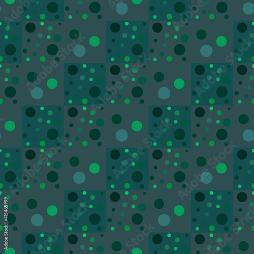 Tidewater green geometric pattern of small, big and large circles, bubbles. Tidewater green background with light, dark green chain. Chaotic, abstract pattern of serpentine. Vector illustration fabric