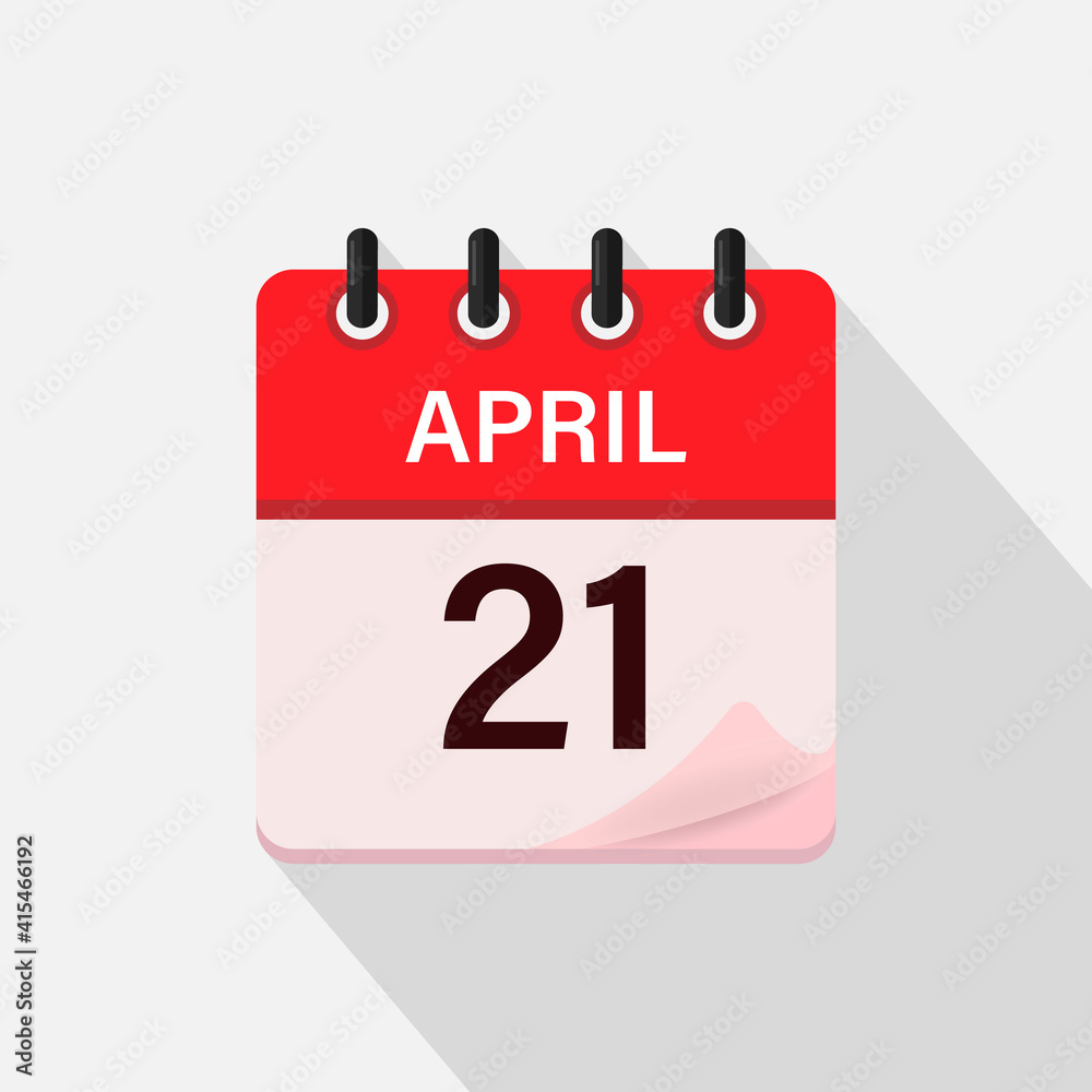 April 21, Calendar icon with shadow. Day, month. Flat vector illustration. April 21, Calendar icon with shadow. Day, month. Flat vector illustration.