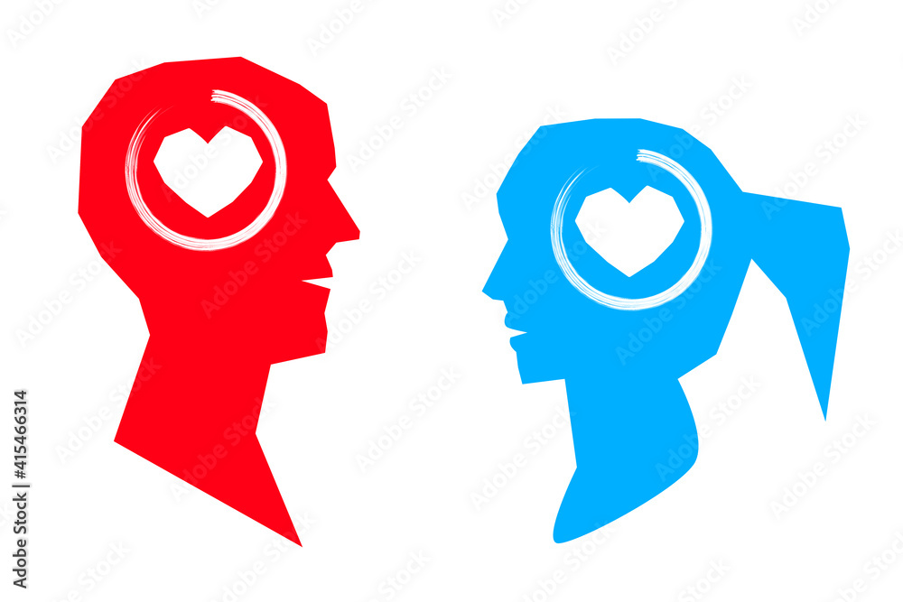 The silhouettes of a girl and a guy with a heart symbol in heads