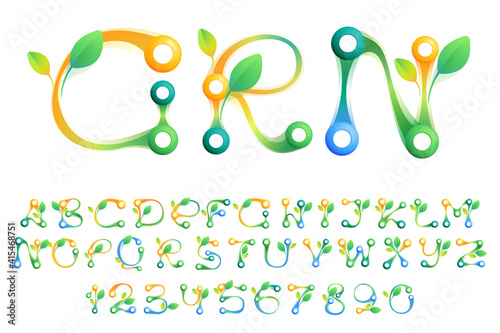 Eco alphabet and numbers set with colorful spheres or dots and connecting lines.