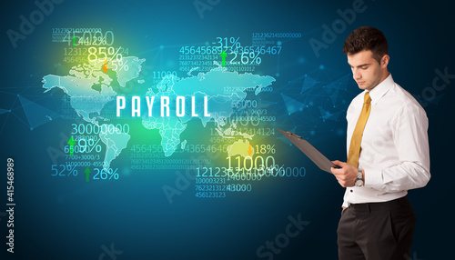 Businessman in front of a decision with PAYROLL inscription  business concept