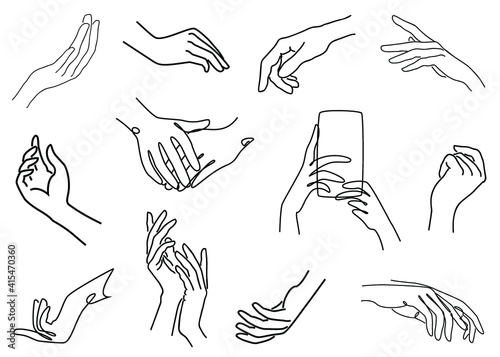 Female hands in a modern one line style. Continuous line drawing, aesthetic outline for decor, posters, wall art, stickers. Beautiful graceful silhouettes. Collection. Vector illustration of a set.