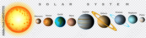 Solar system planets set. Transparency space background. Textures. Comparison sun. Size large, small. Mercury, Venus, Earth, world, Mars, Jupiter, Saturn, Uranus, Neptune, Pluto. Illustration vector photo